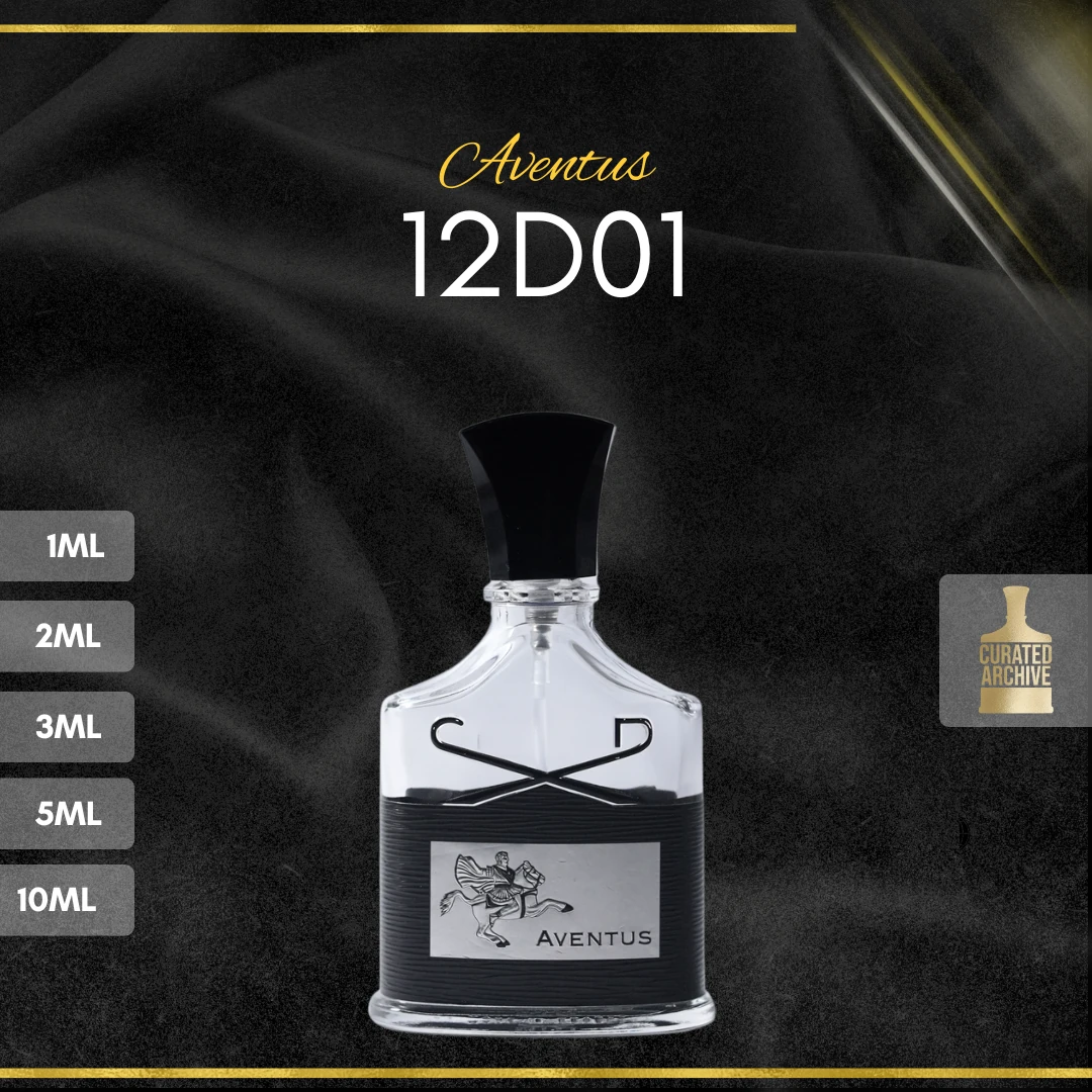 Creed Aventus 12D01 fragrance bottle, decants from 1ml to 10ml