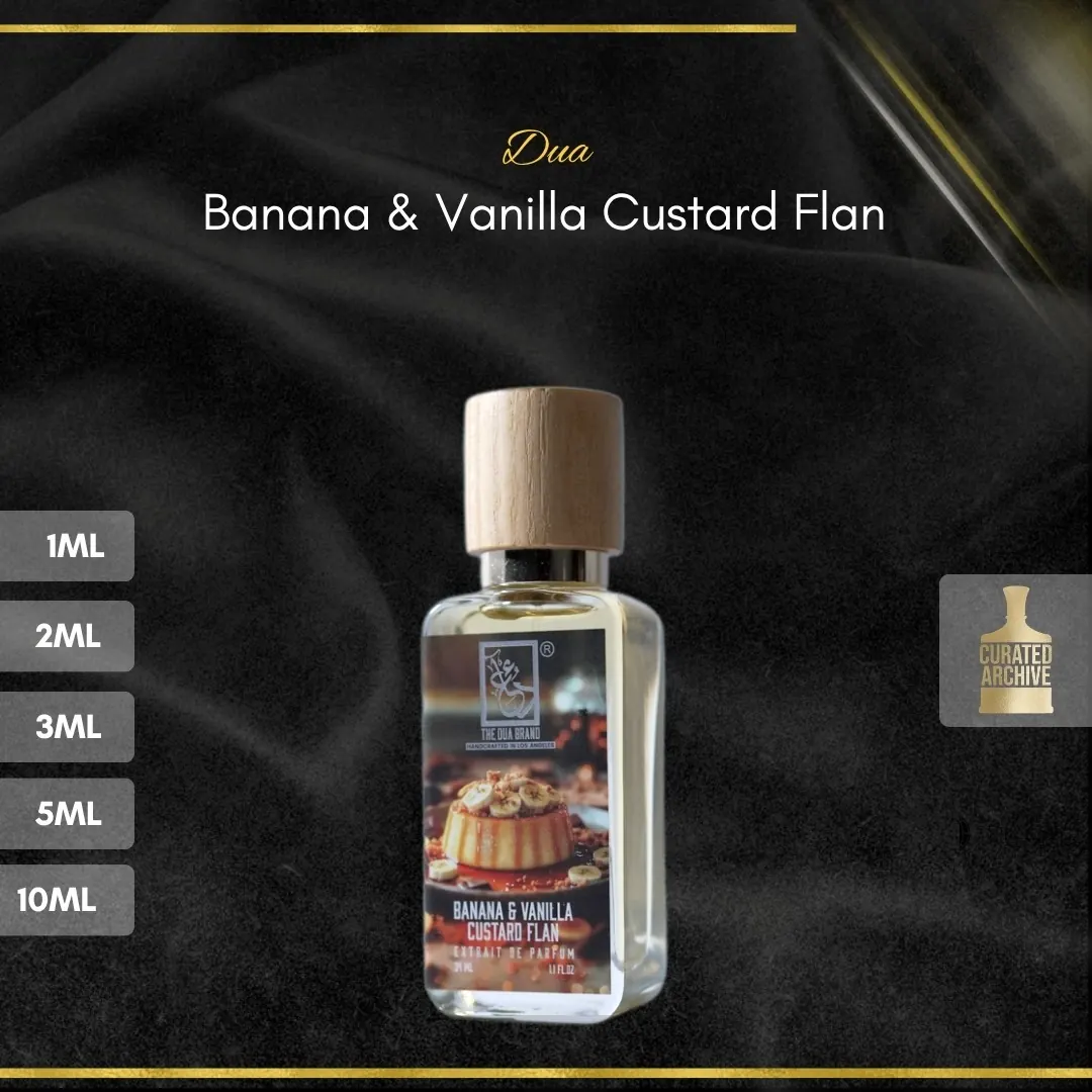 Dua Banana & Vanilla Custard Flan fragrance bottle, decants from 1ml to 10ml