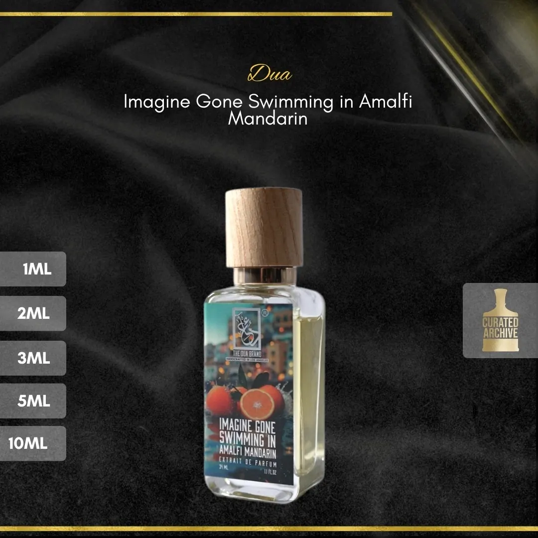 Dua Imagine Gone Swimming in Amalfi Mandarin fragrance bottle, decants from 1ml to 10ml
