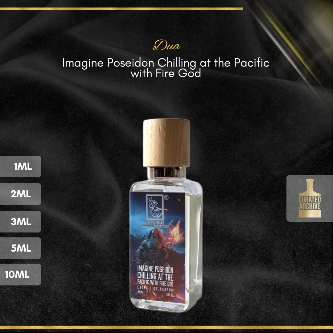 Dua Imagine Poseidon Chilling at the Pacific with Fire God fragrance bottle, decants from 1ml to 10ml