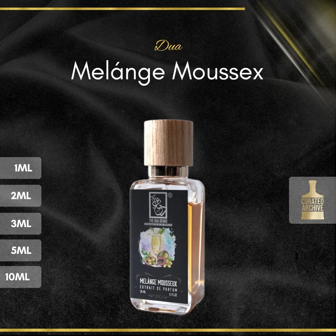 Dua Melánge Moussex fragrance bottle, decants from 1ml to 10ml