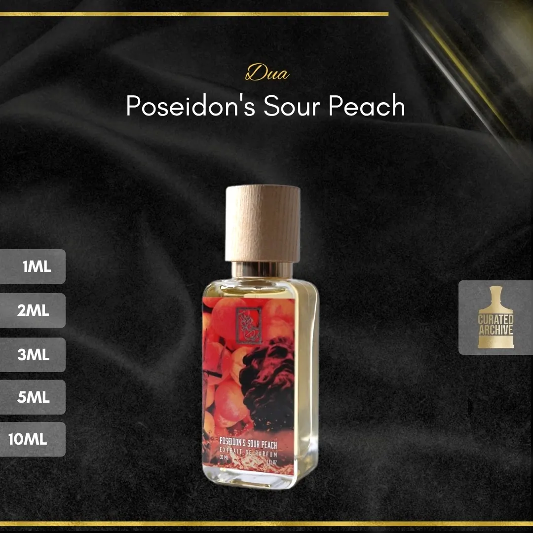 Dua Poseidon's Sour Peach fragrance bottle, decants from 1ml to 10ml