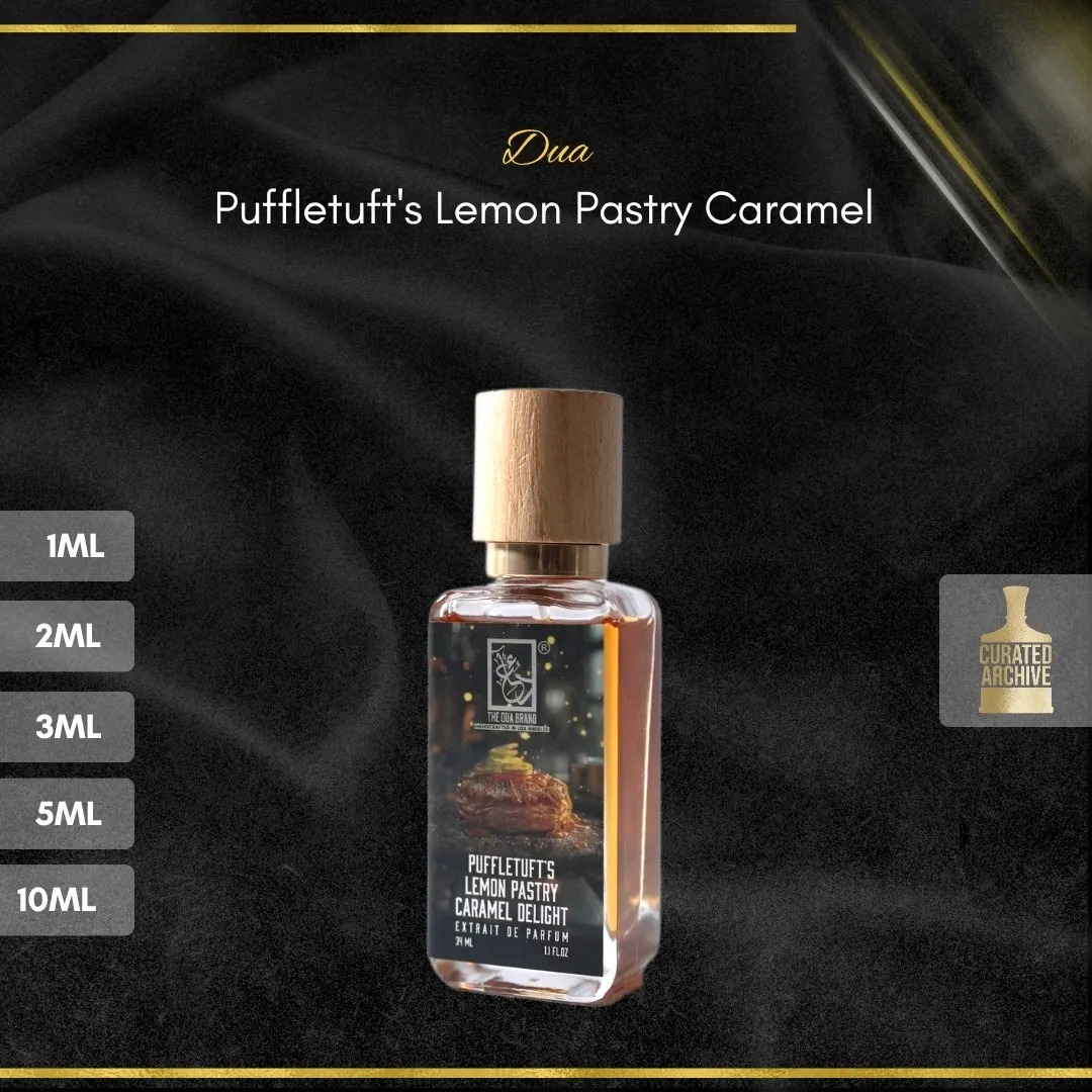 Dua Puffletuft's Lemon Pastry Caramel fragrance bottle, decants from 1ml to 10ml
