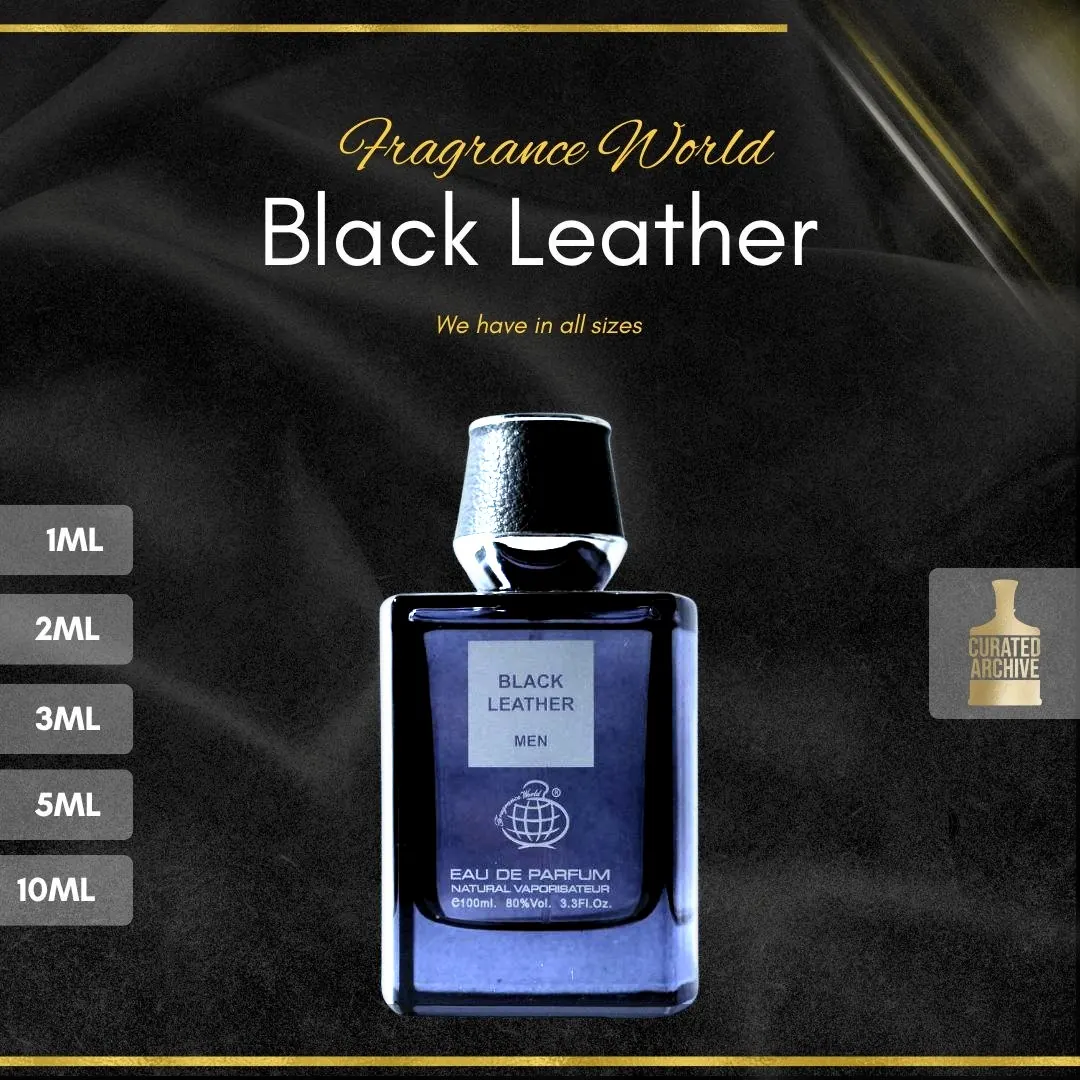 Fragrance World Black Leather fragrance bottle, decants from 1ml to 10ml