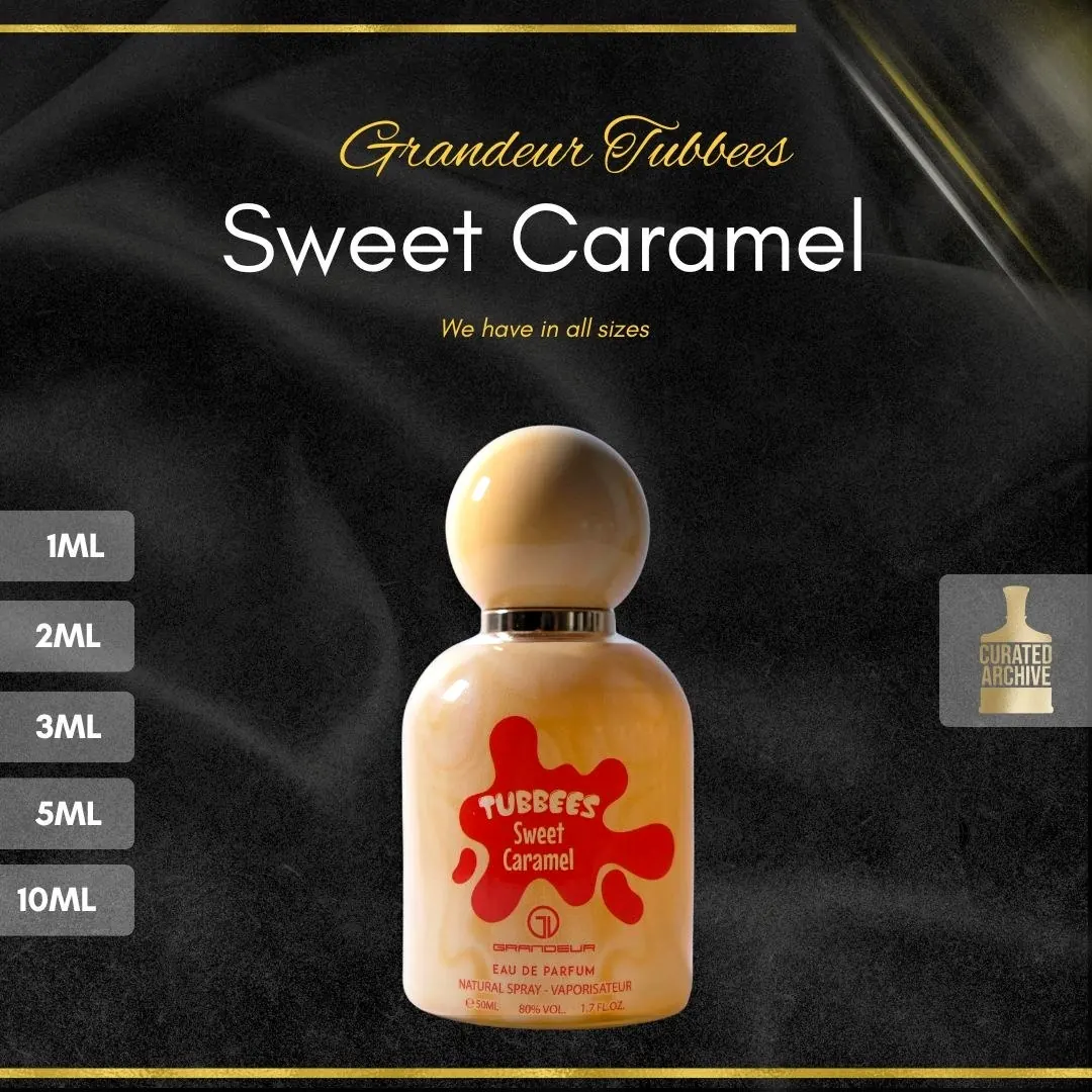 Tubbees Sweet Caramel fragrance bottle, decants from 1ml to 10ml