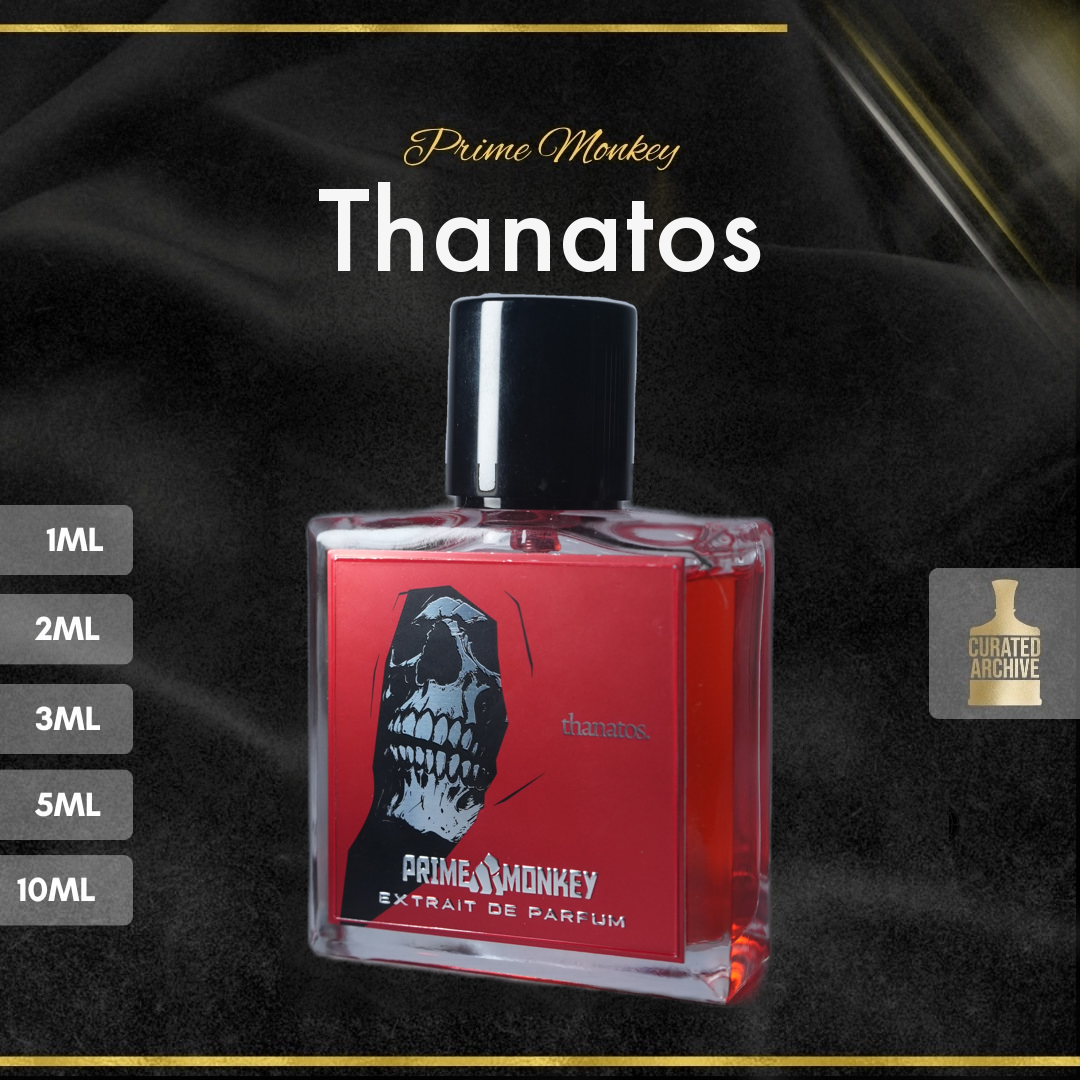 Prime Monkey Thanatos fragrance bottle, decants from 1ml to 10ml