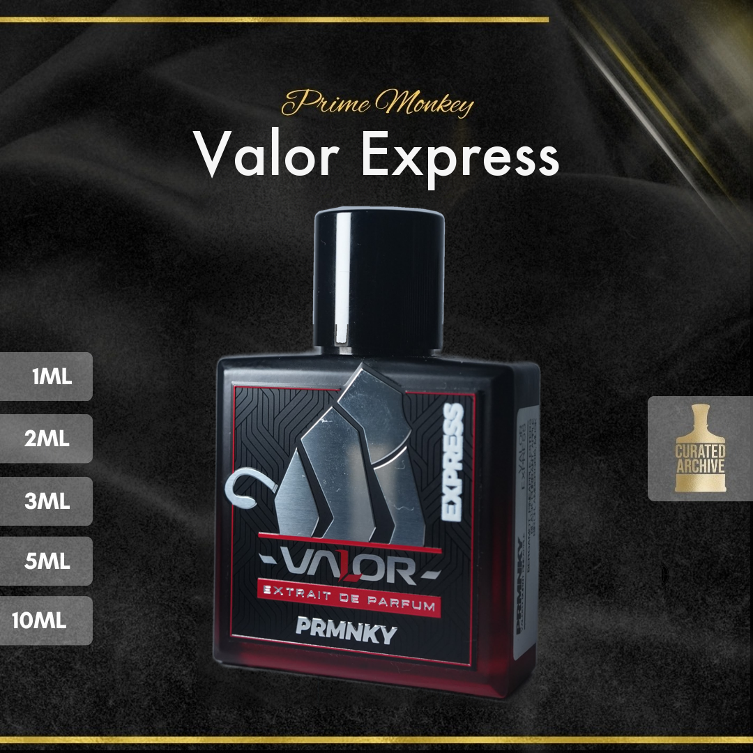 Prime Monkey Valor Express fragrance bottle, decants from 1ml to 10ml