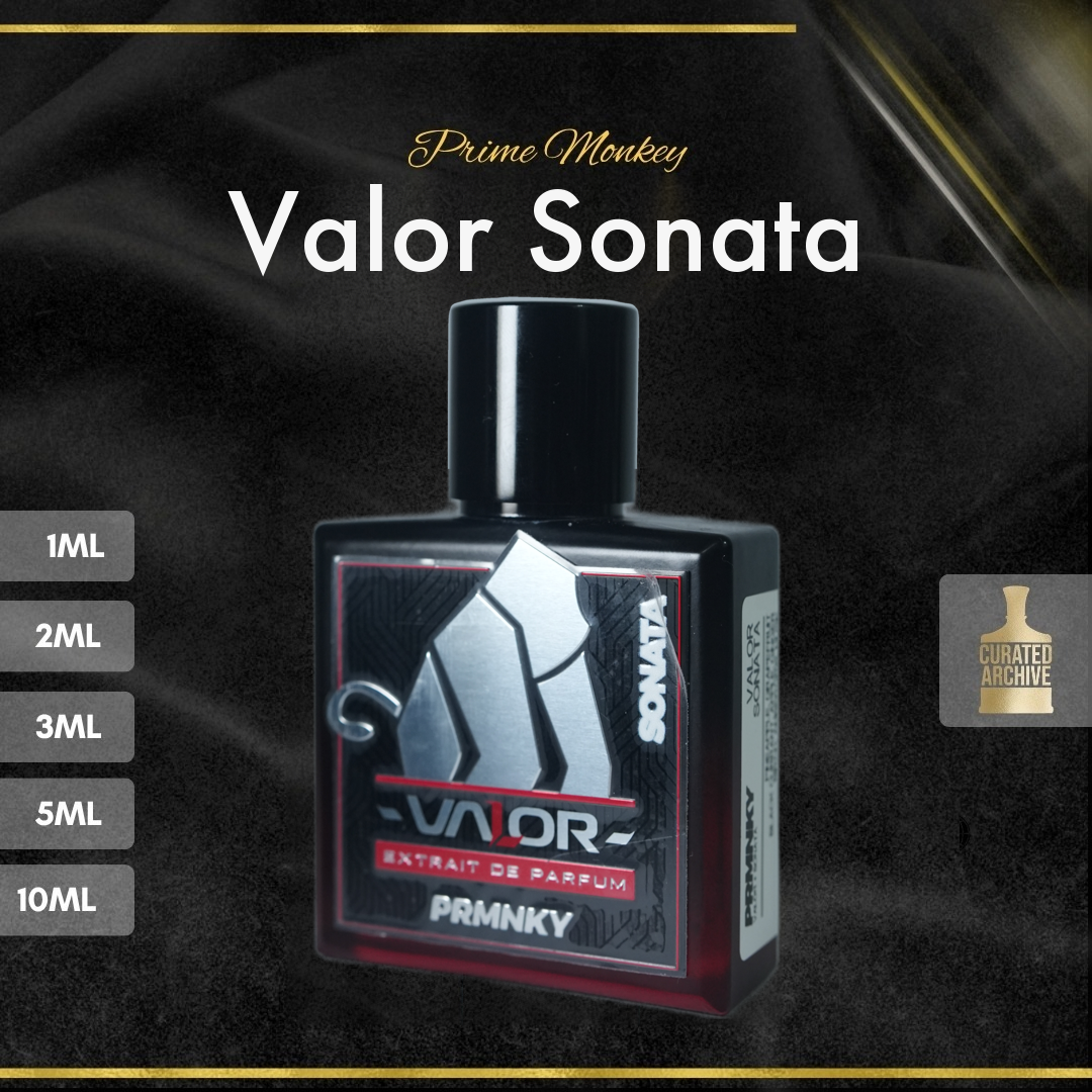 Prime Monkey Valor Sonata fragrance bottle, decants from 1ml to 10ml