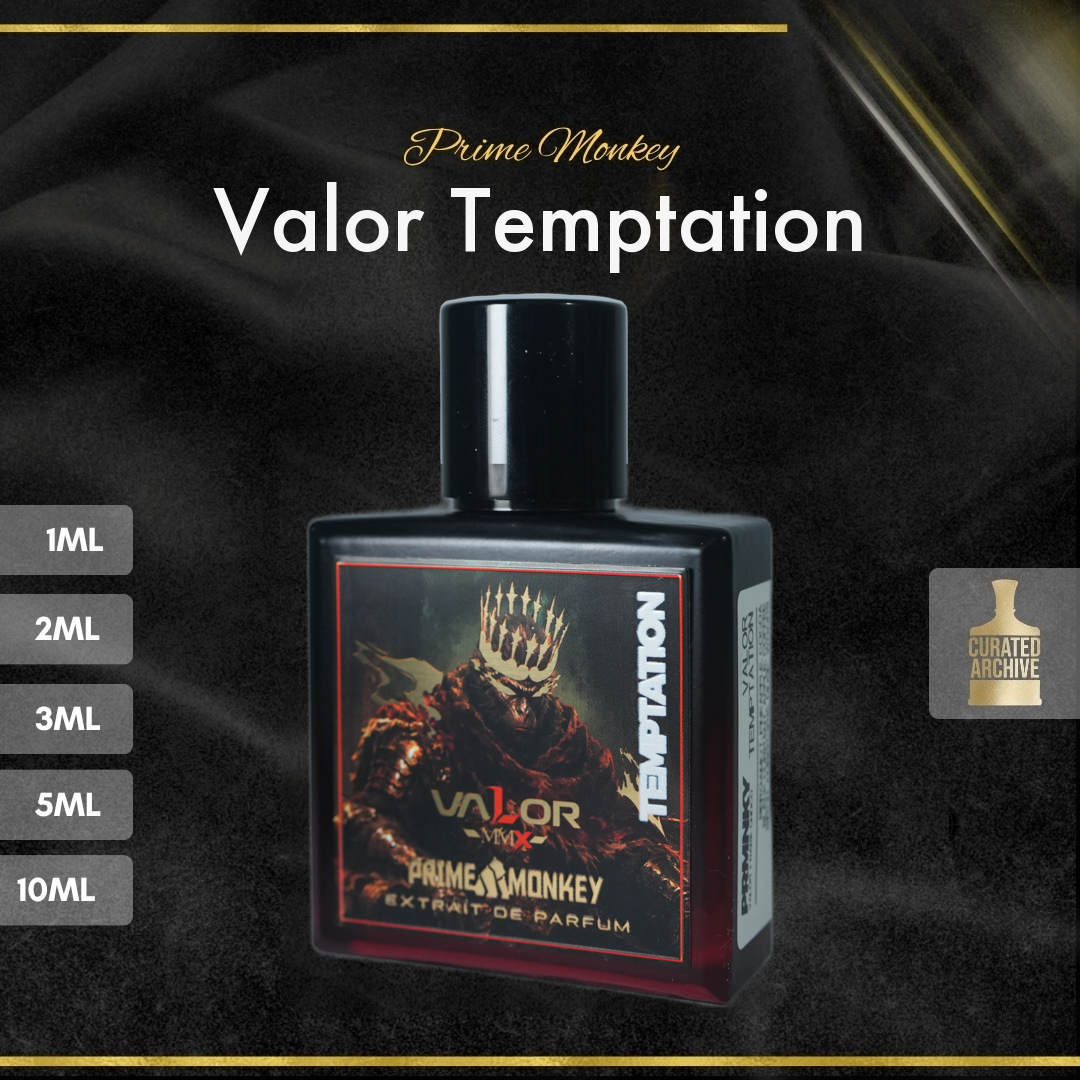 Prime Monkey Valor Temptation fragrance bottle, decants from 1ml to 10ml