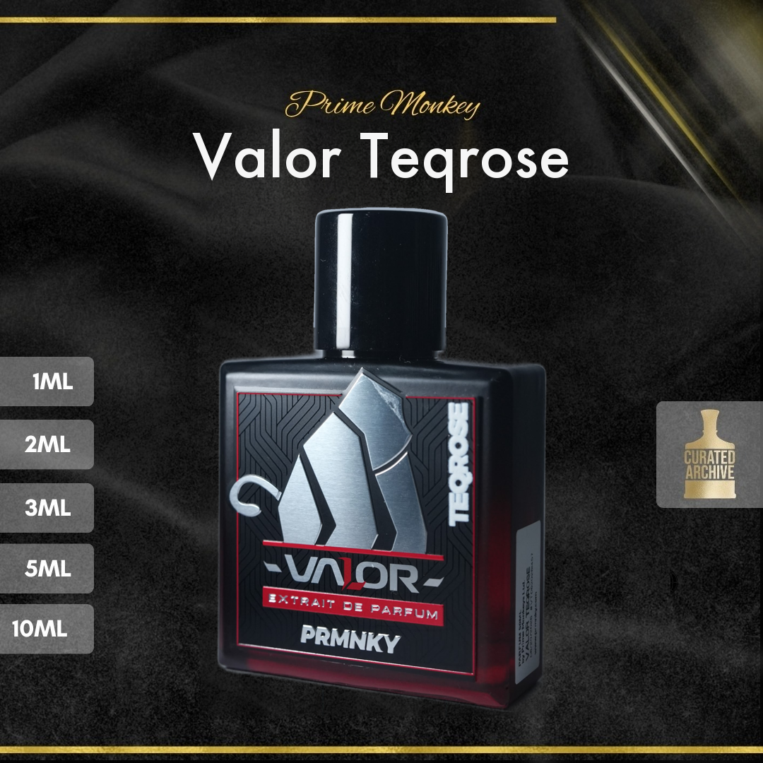 Prime Monkey Valor Teqrose fragrance bottle, decants from 1ml to 10ml