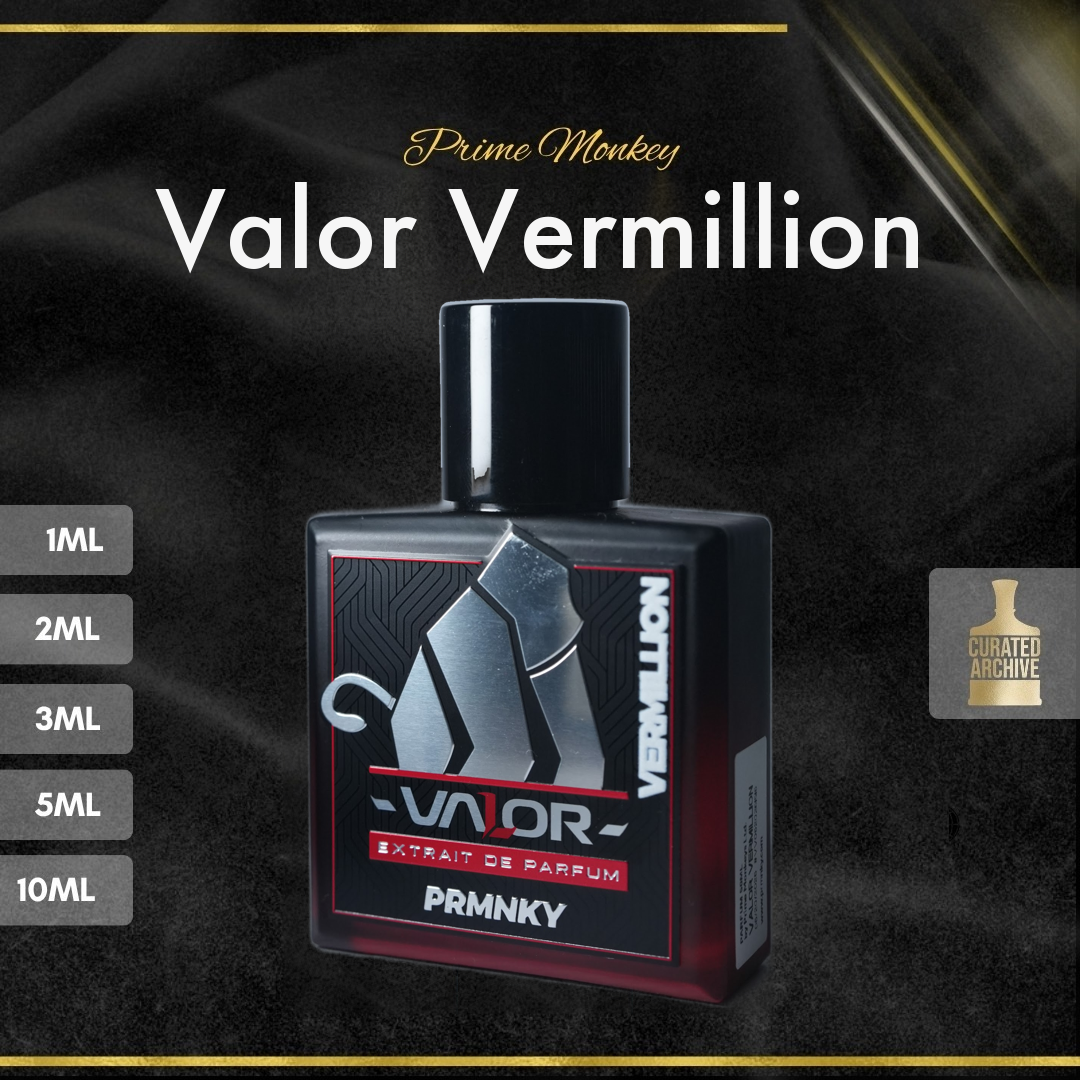 Prime Monkey Valor Vermillion fragrance bottle, decants from 1ml to 10ml